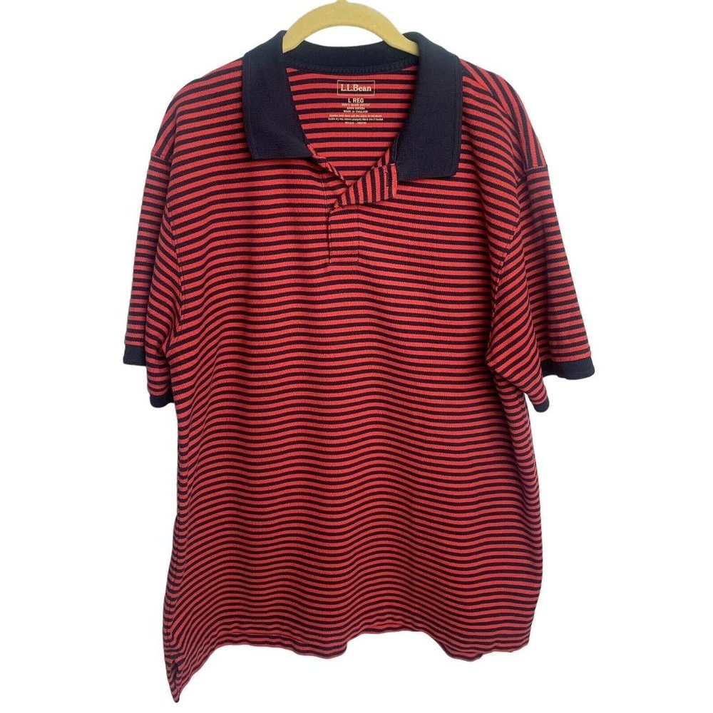 LL Bean Mens Polo Shirt Large Red Blue Stripe Short Sleeve Cotton Casual Golf